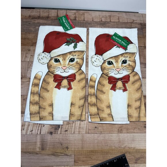 Sleigh Bell Christmas Cat Kitchen Towel Set Of 2 Festive Holiday Decor - Picture 1 of 3